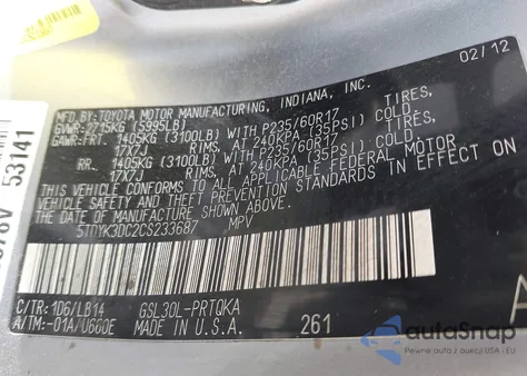 2012 Toyota Sienna Xle V6 8 Passenger from USA, damaged, VIN 5TDYK3DC2CS233687
